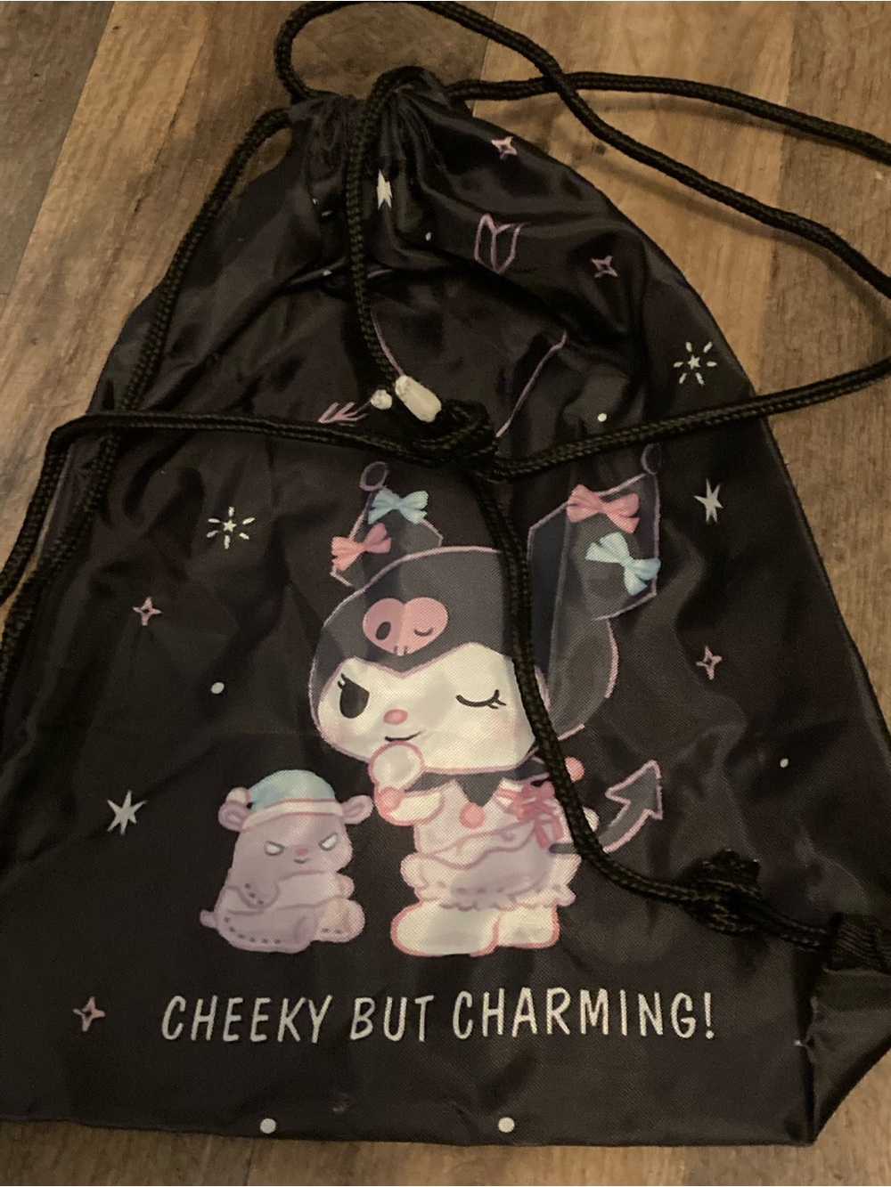 Amazon Black Kuromi Drawstring Crossbody Bag with Pink and Purple Accents